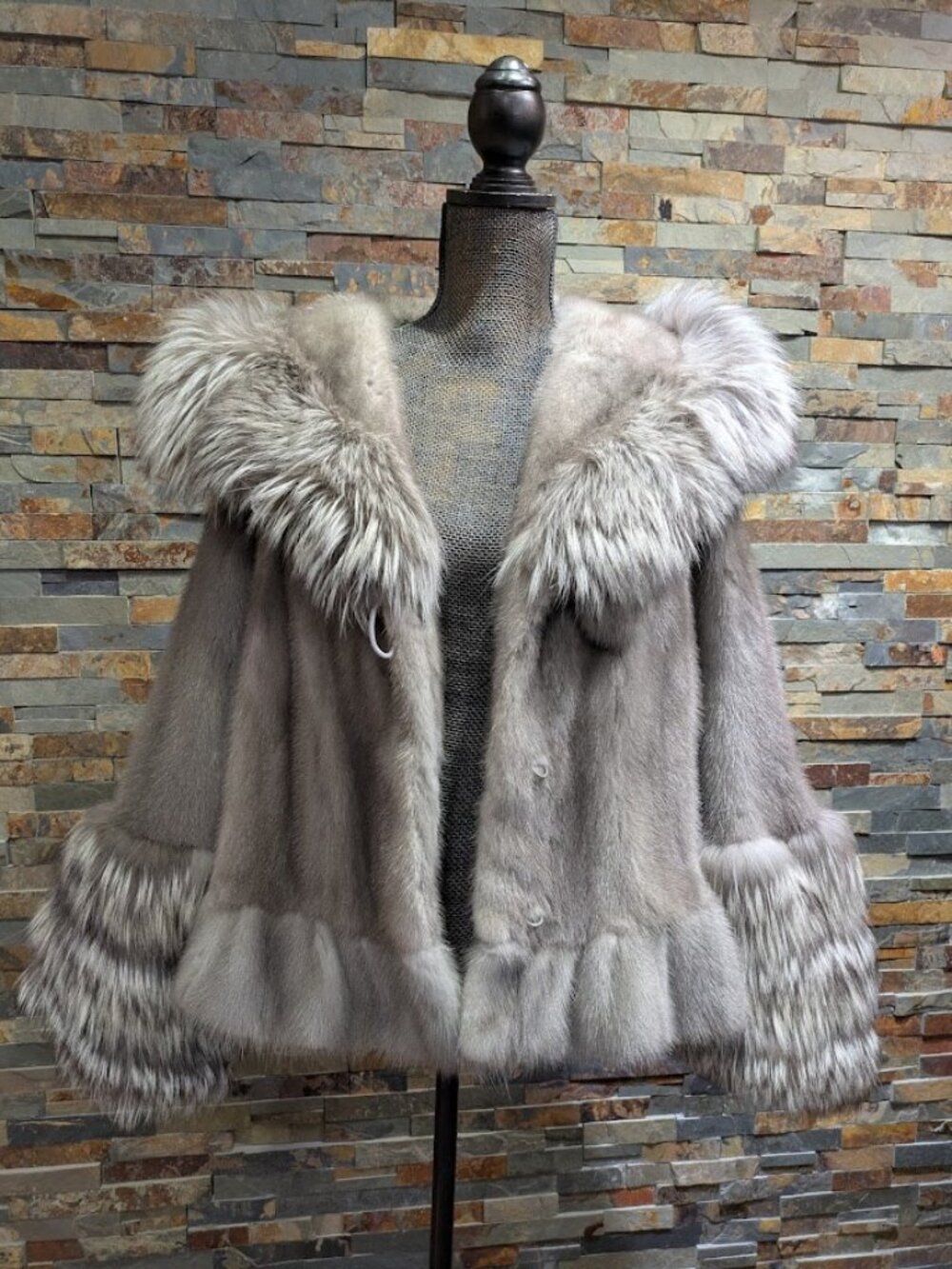 Cropped Blue Iris Real Mink Fur Jacket with Silver Fox Trim w Scalloped Ruffle M